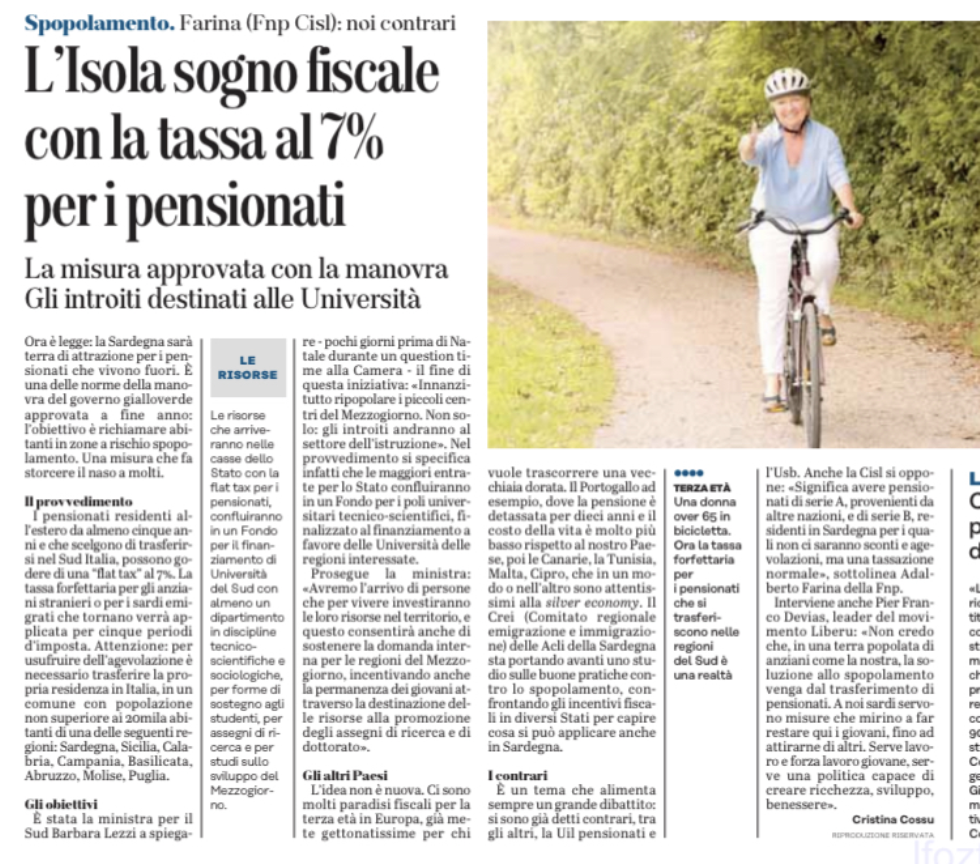 FLAT TAX PER I PENSIONATI ESTERI CHE TRASFERISCONO LA LORO RESIDENZA IN ITALIA MERIDIONALE