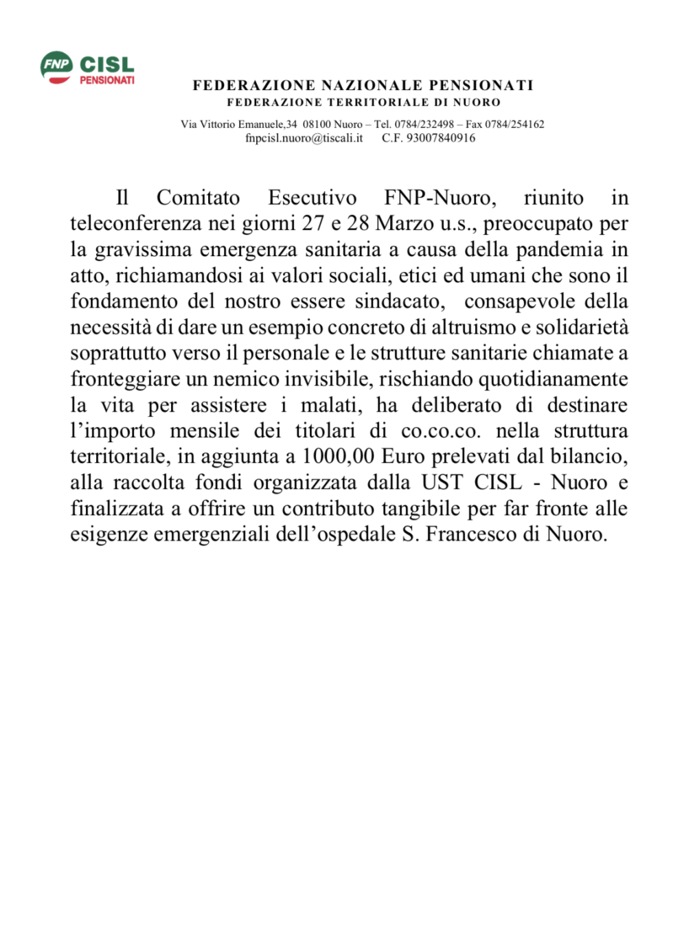 Una bella iniziativa della FNP CISL Nuorese per l'emergenza COVID-19