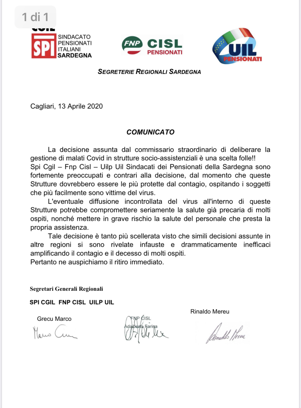 FNP CISL SPI CGIL UILP UIL SARDEGNA INTERVENGONO DURAMENTE CONTRO LE CONDIZIONI DELLE CASE DI RIPOSO